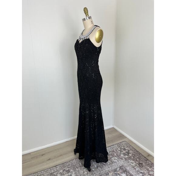 Vintage 90s Y2K Black Lace Maxi Dress Gown Medium Beaded Rhinestone Mermaid Hem - Picture 10 of 16